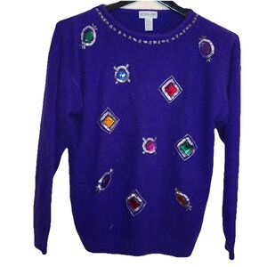 Vintage Victoria Jones Jewel Sweater Purple Lambswool Silk Angora Shoulder Pad S